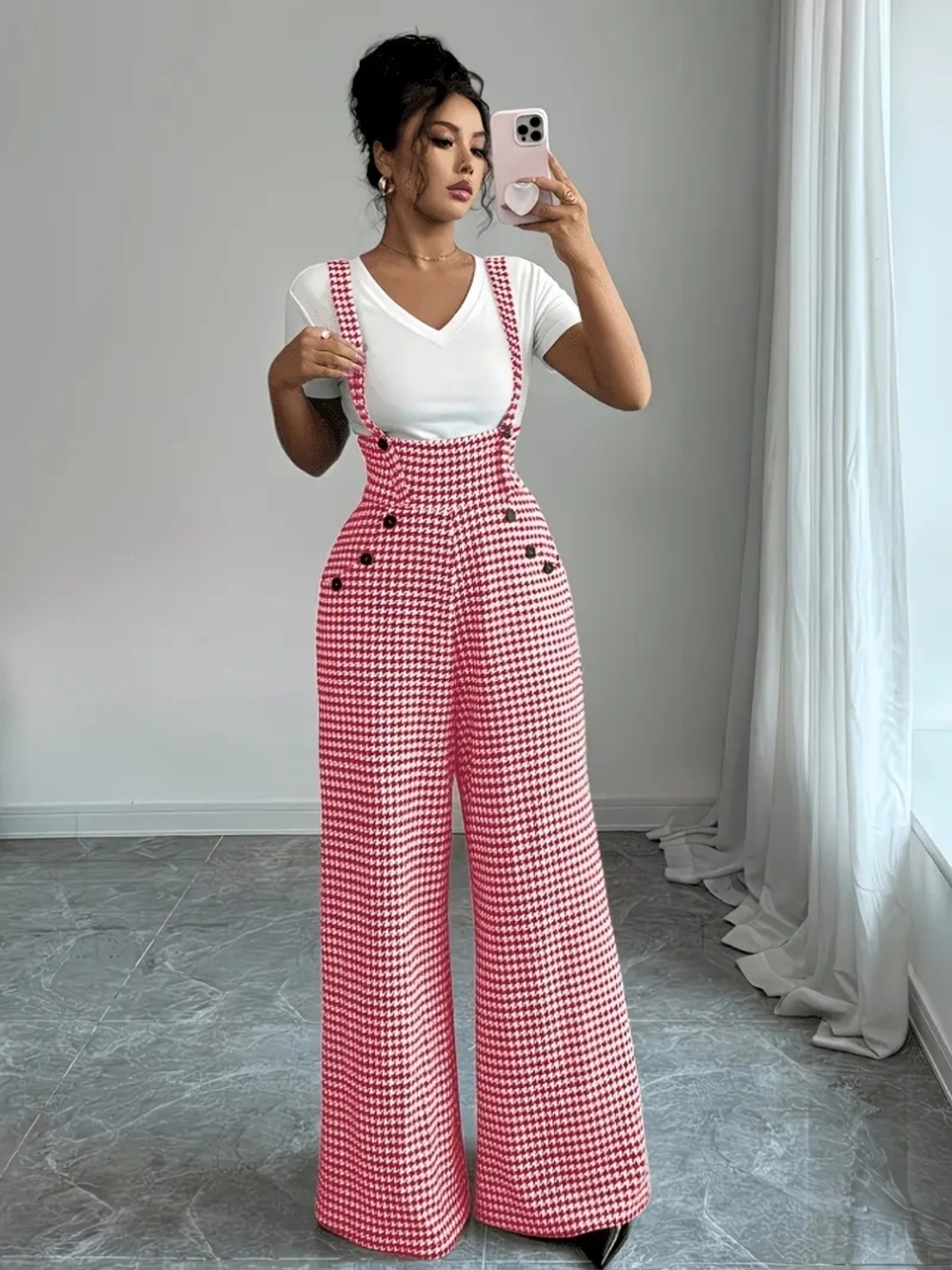 High-Waist Pink Houndstooth Wide-Leg Suspender Jumpsuit